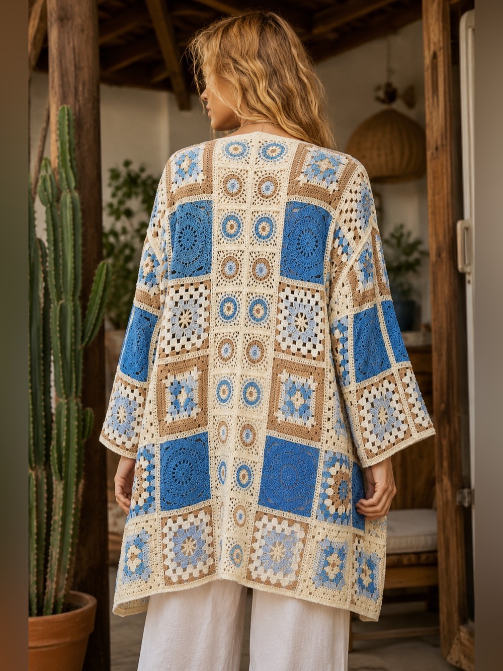 #100 New! Crochet Patchwork Midi Cardigan Duster - Picture 2 of 2